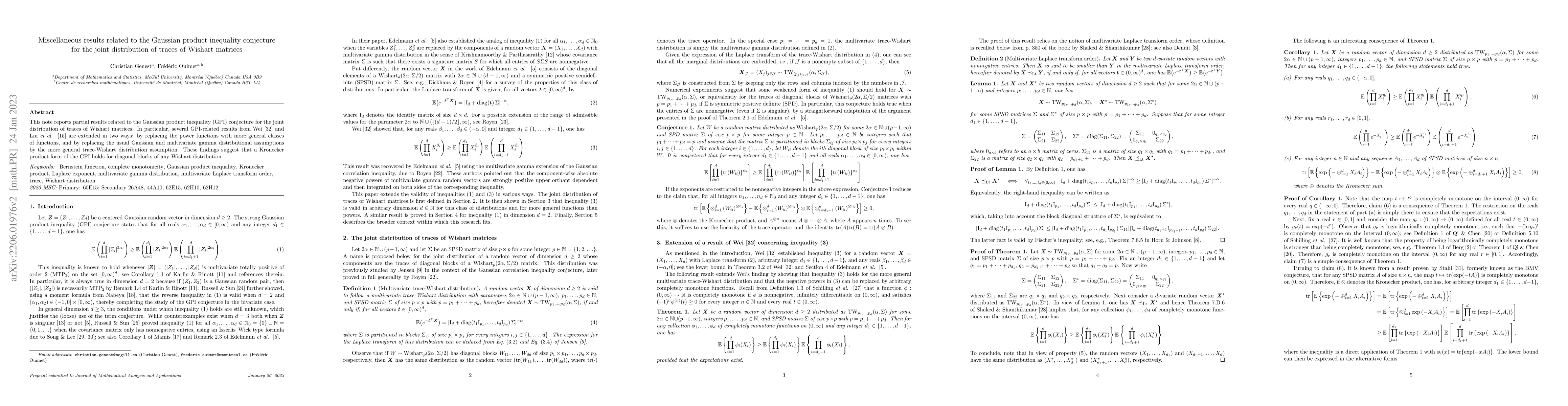 Thumbnail for Miscellaneous results related to the Gaussian product inequality
  conjecture for the joint distribution of traces of Wishart matrices