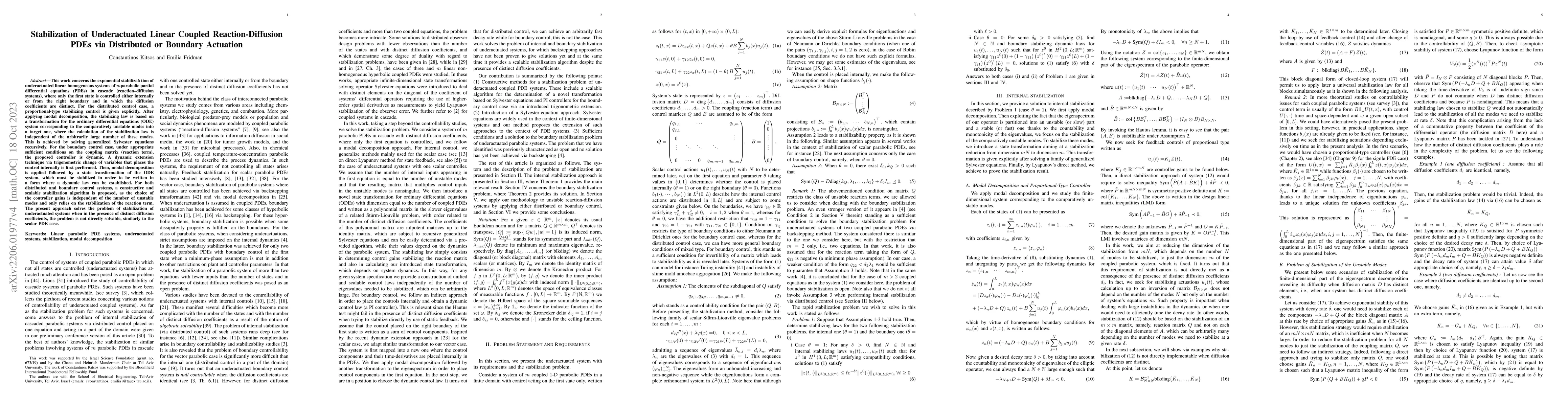 Thumbnail for Stabilization of underactuated linear coupled reaction-diffusion PDEs
  via distributed or boundary actuation