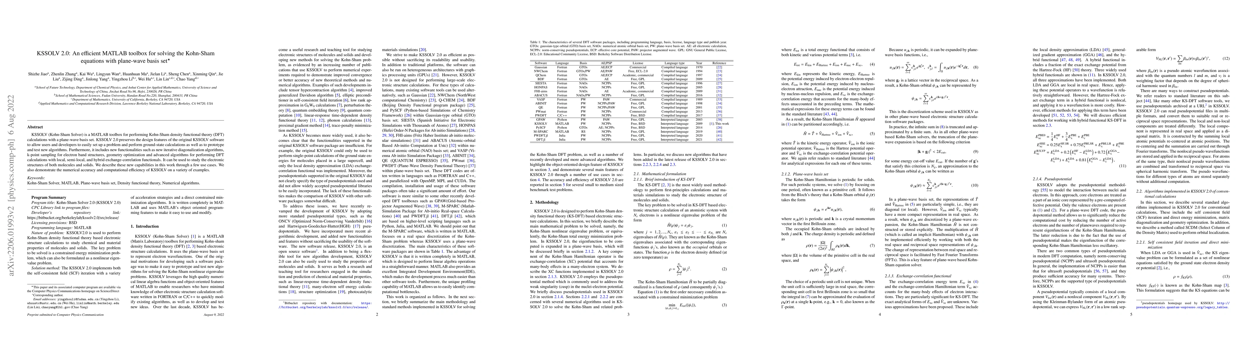 Thumbnail for KSSOLV 2.0: An efficient MATLAB toolbox for solving the Kohn-Sham
  equations with plane-wave basis set