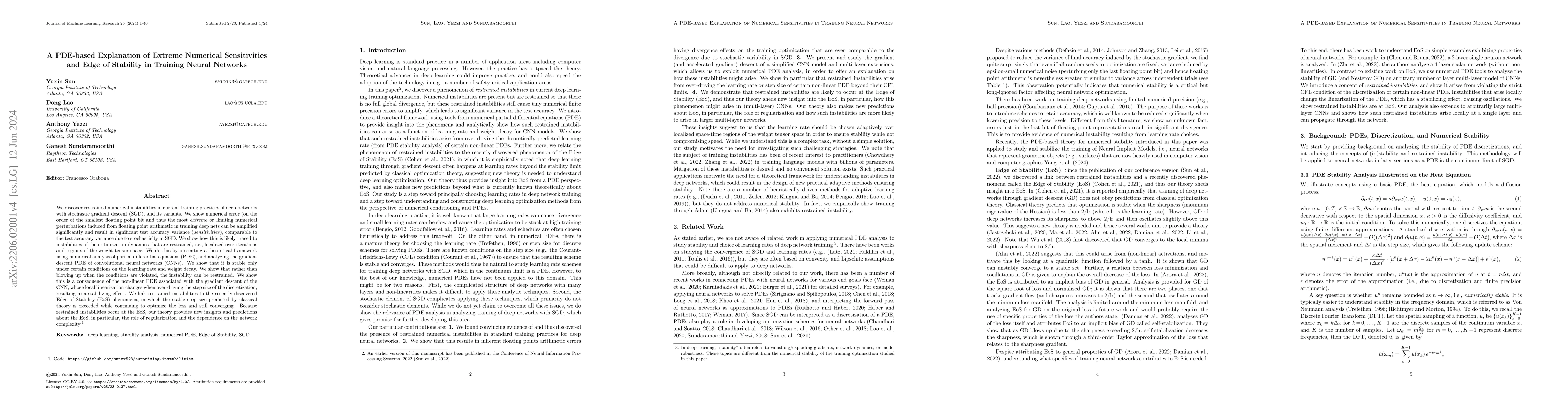 Thumbnail for A PDE-based Explanation of Extreme Numerical Sensitivities and Edge of
  Stability in Training Neural Networks