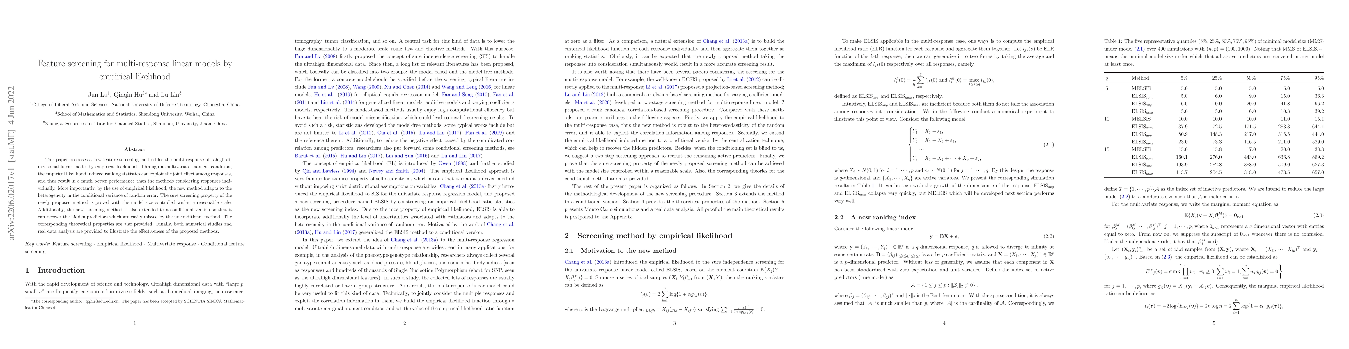 Thumbnail for Feature screening for multi-response linear models by empirical
  likelihood