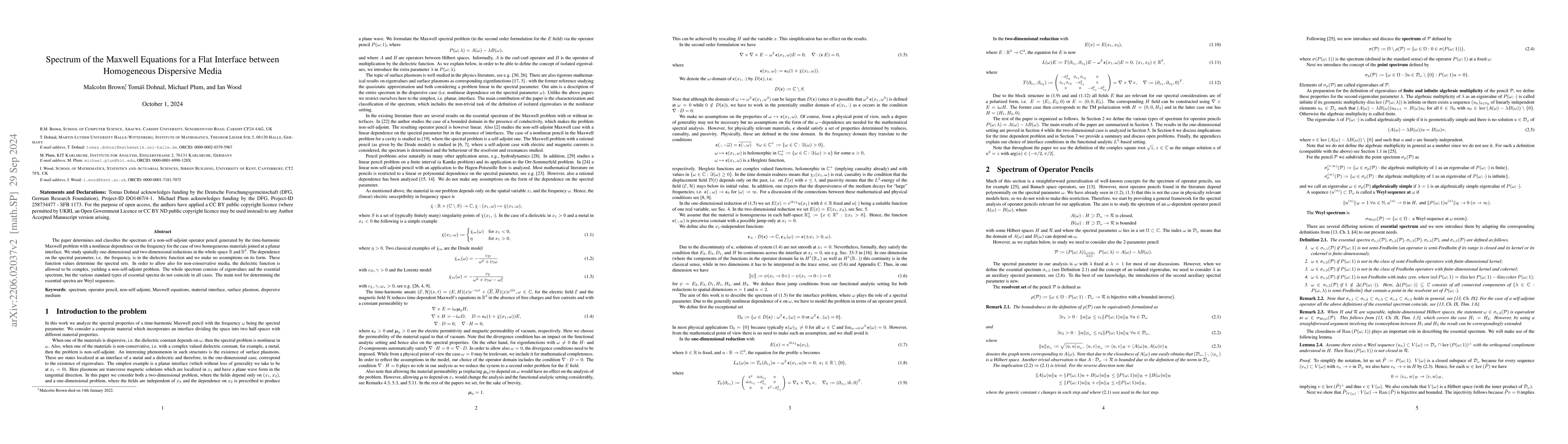Thumbnail for Spectrum of the Maxwell Equations for a Flat Interface between
  Homogeneous Dispersive Media
