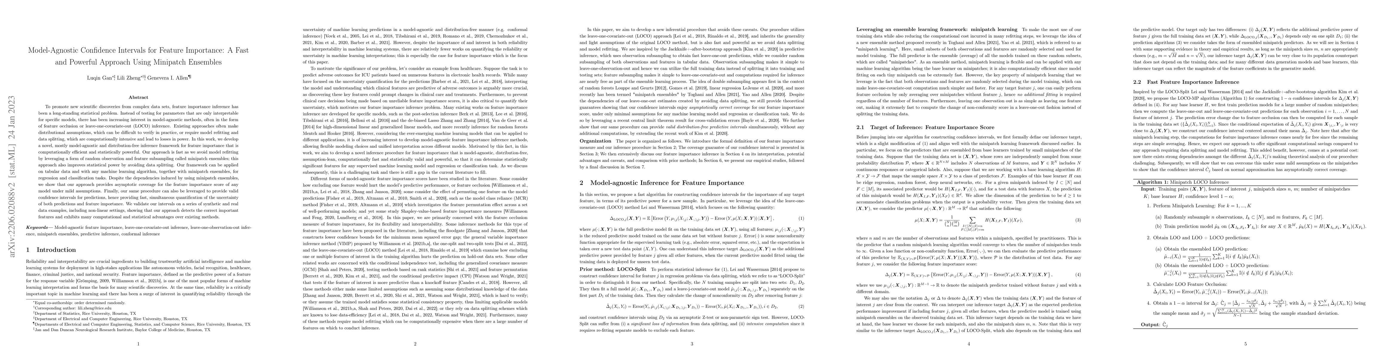 Thumbnail for Model-Agnostic Confidence Intervals for Feature Importance: A Fast and
  Powerful Approach Using Minipatch Ensembles