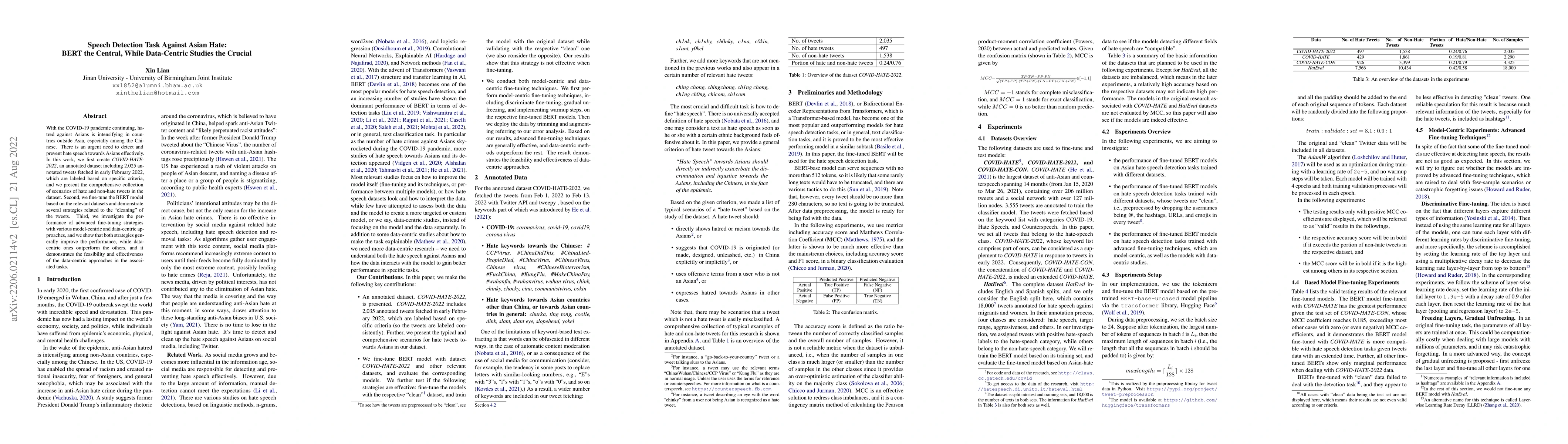 Thumbnail for Speech Detection Task Against Asian Hate: BERT the Central, While
  Data-Centric Studies the Crucial