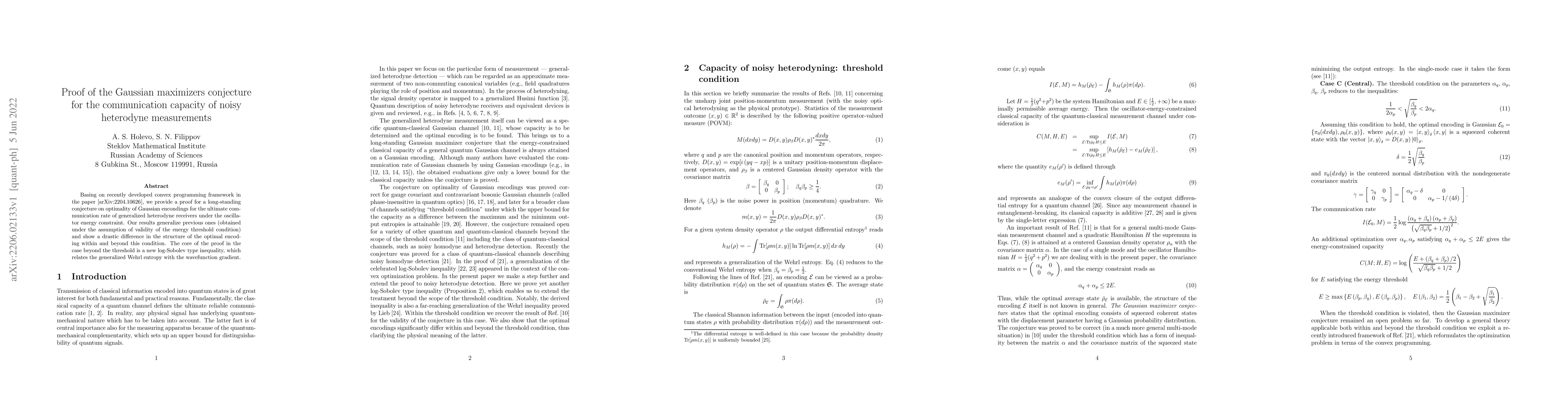 Thumbnail for Proof of the Gaussian maximizers conjecture for the communication
  capacity of noisy heterodyne measurements