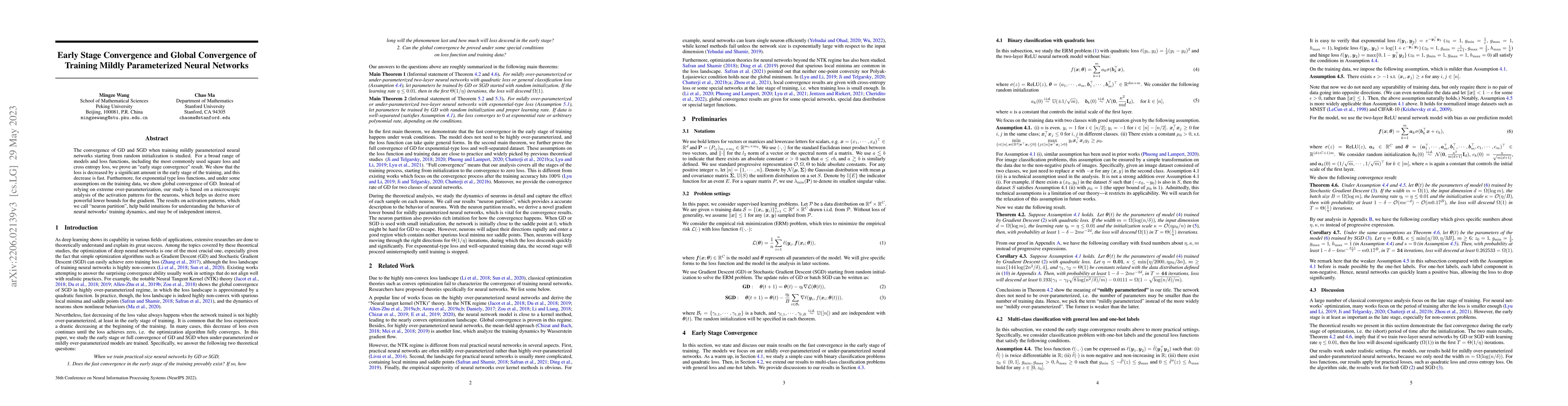 Thumbnail for Early Stage Convergence and Global Convergence of Training Mildly
  Parameterized Neural Networks