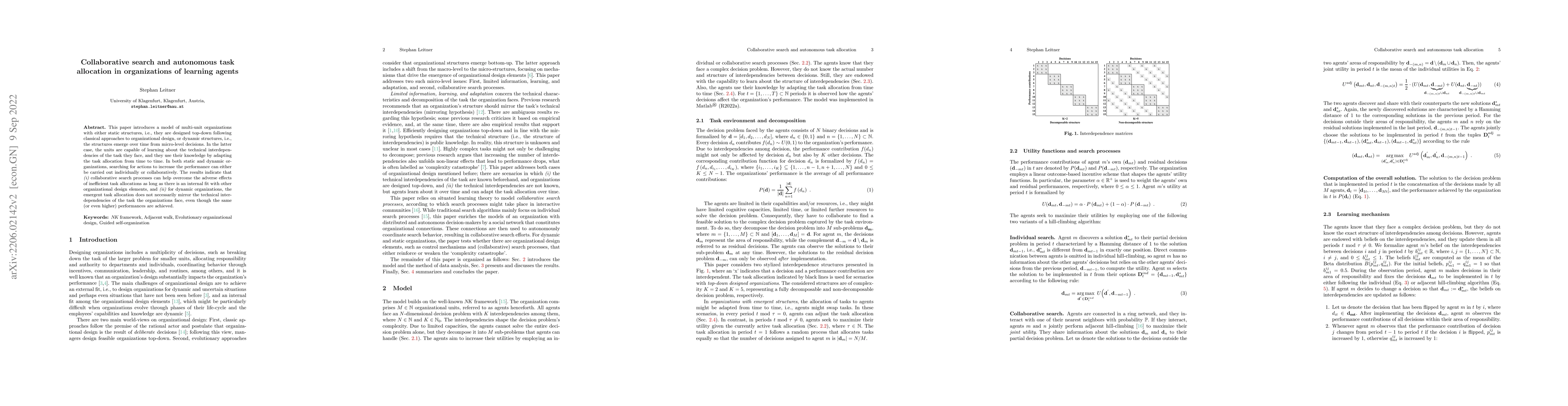 Thumbnail for Collaborative search and autonomous task allocation in organizations of
  learning agents