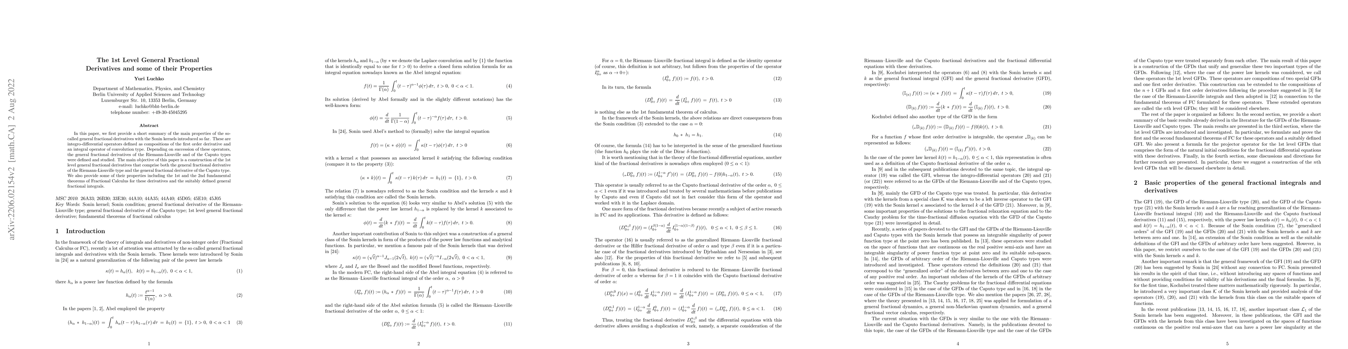 Thumbnail for The 1st Level General Fractional Derivatives and some of their
  Properties
