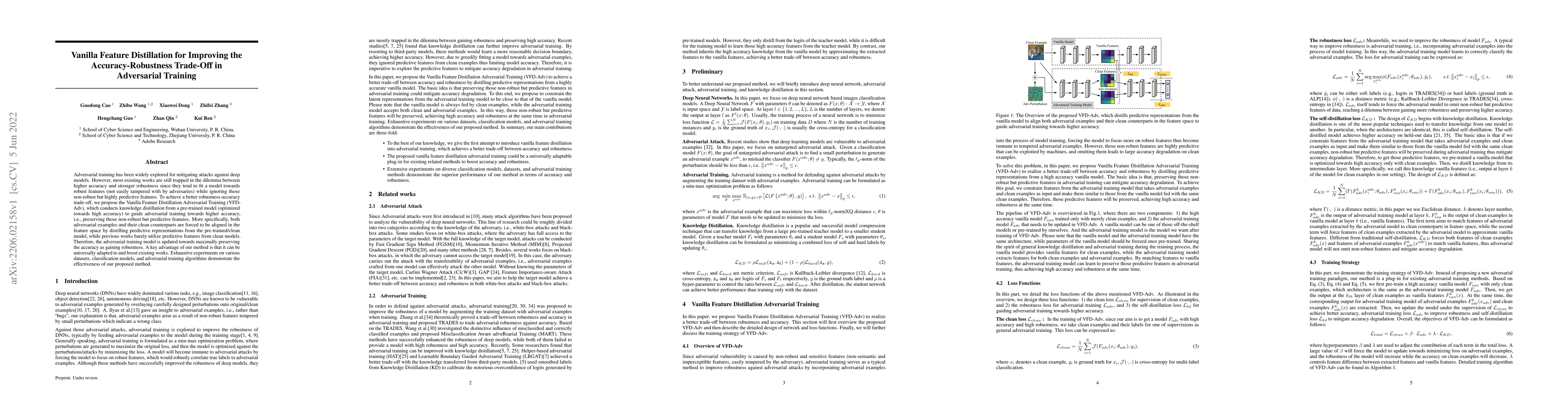 Thumbnail for Vanilla Feature Distillation for Improving the Accuracy-Robustness
  Trade-Off in Adversarial Training