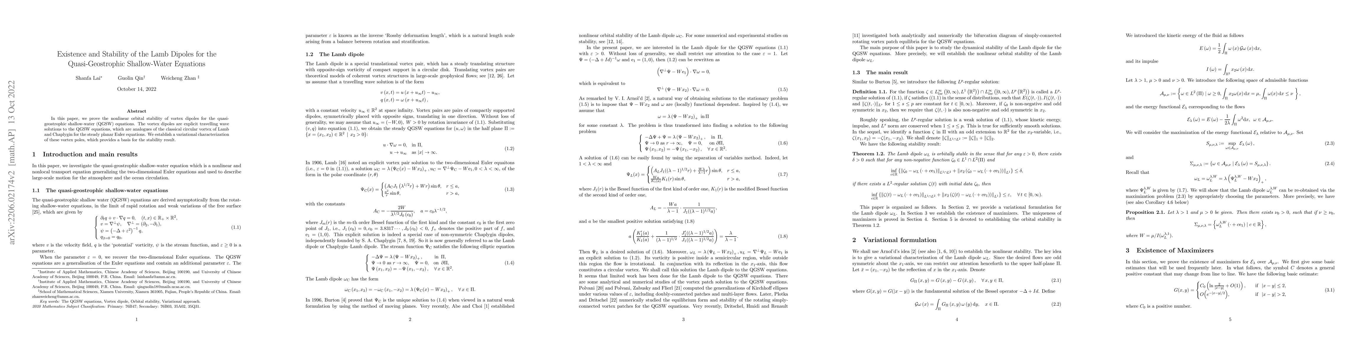 Thumbnail for Existence and Stability of the Lamb Dipoles for the Quasi-Geostrophic
  Shallow-Water Equations