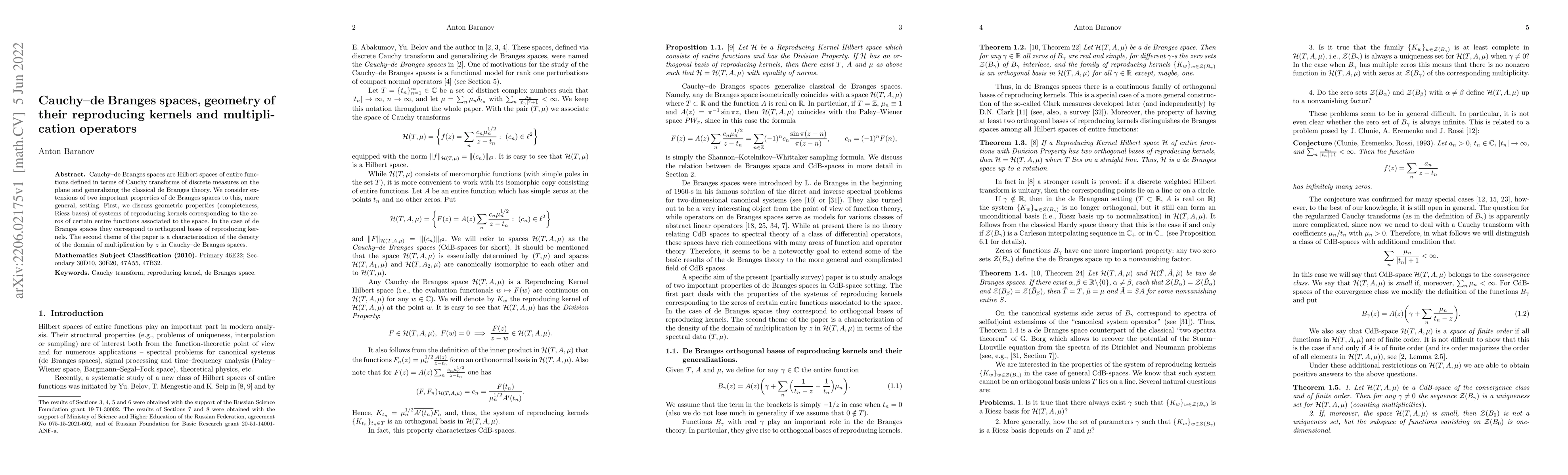 Thumbnail for Cauchy-de Branges spaces, geometry of their reproducing kernels and
  multiplication operators