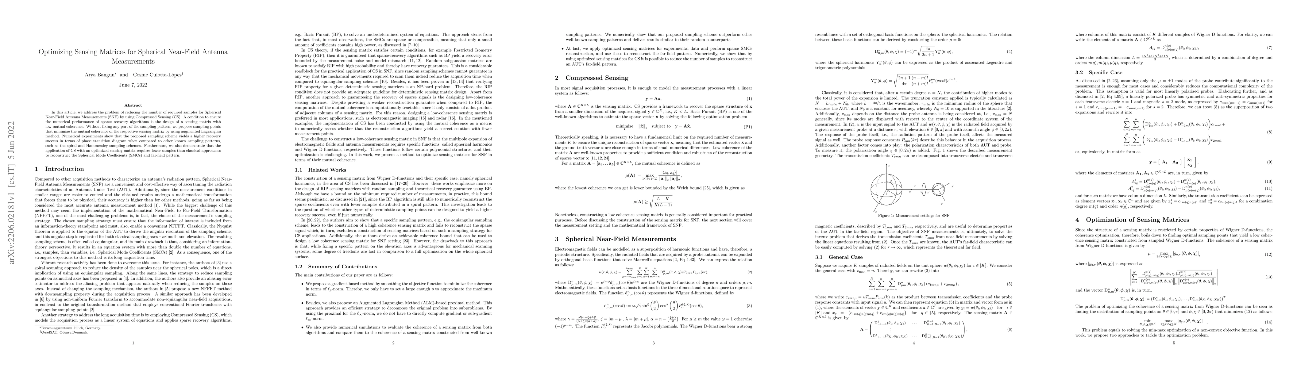 Thumbnail for Optimizing Sensing Matrices for Spherical Near-Field Antenna
  Measurements