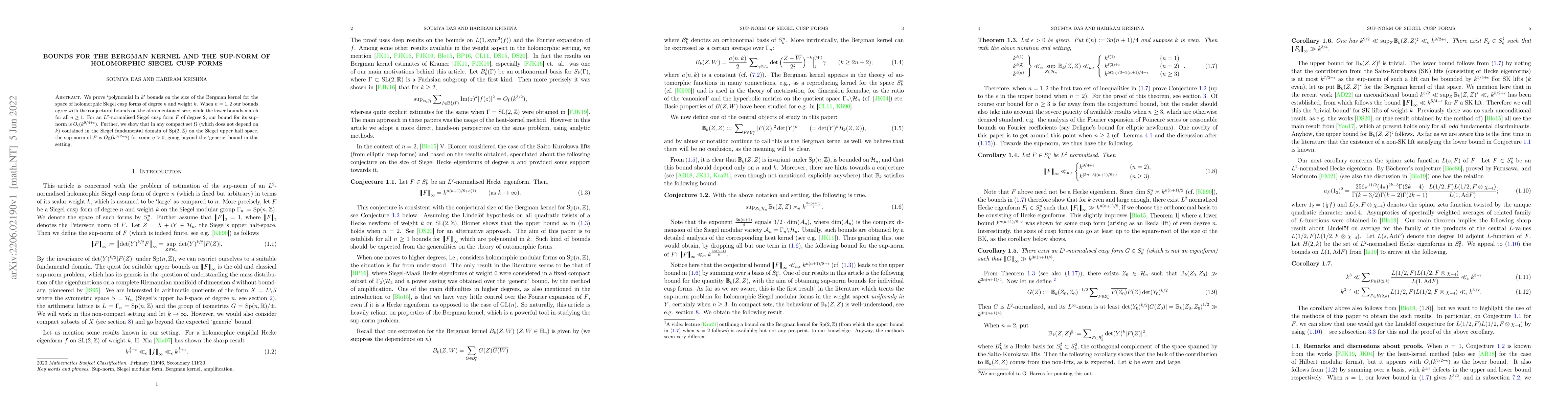 Thumbnail for Bounds for the Bergman kernel and the sup-norm of holomorphic Siegel
  cusp forms