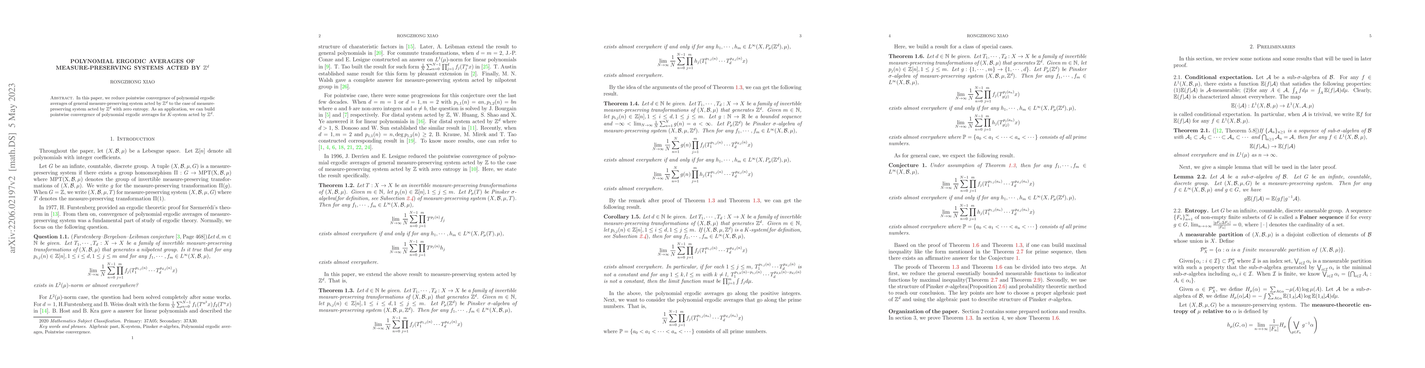 Thumbnail for Polynomial ergodic averages of measure-preserving systems acted by
  $\mathbb{Z}^{d}$