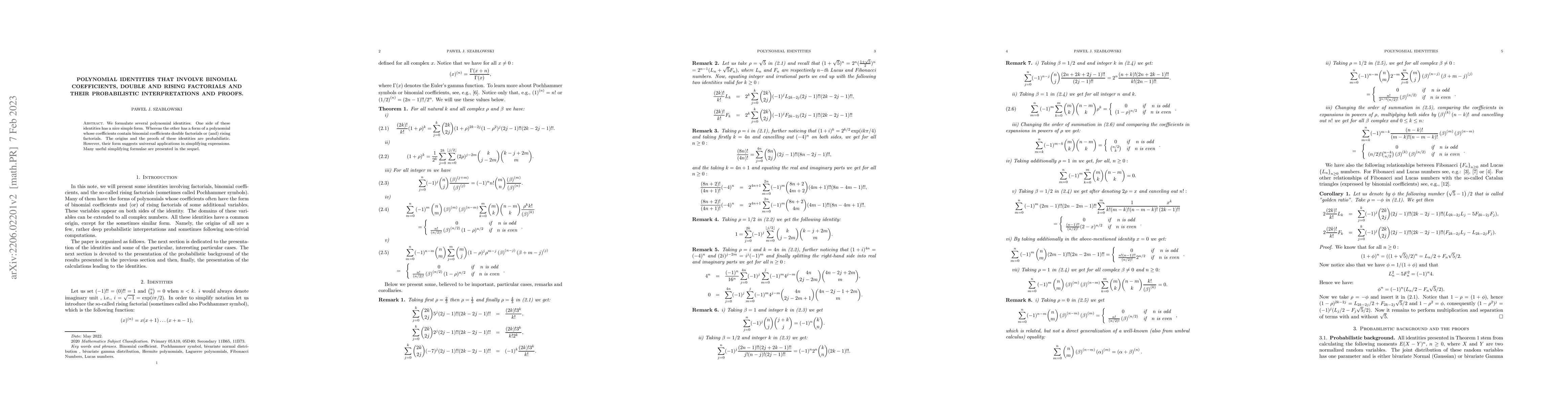 Thumbnail for Polynomial identities that involve binomial coefficients, double and
  rising factorials and their probabilistic interpretations and proofs