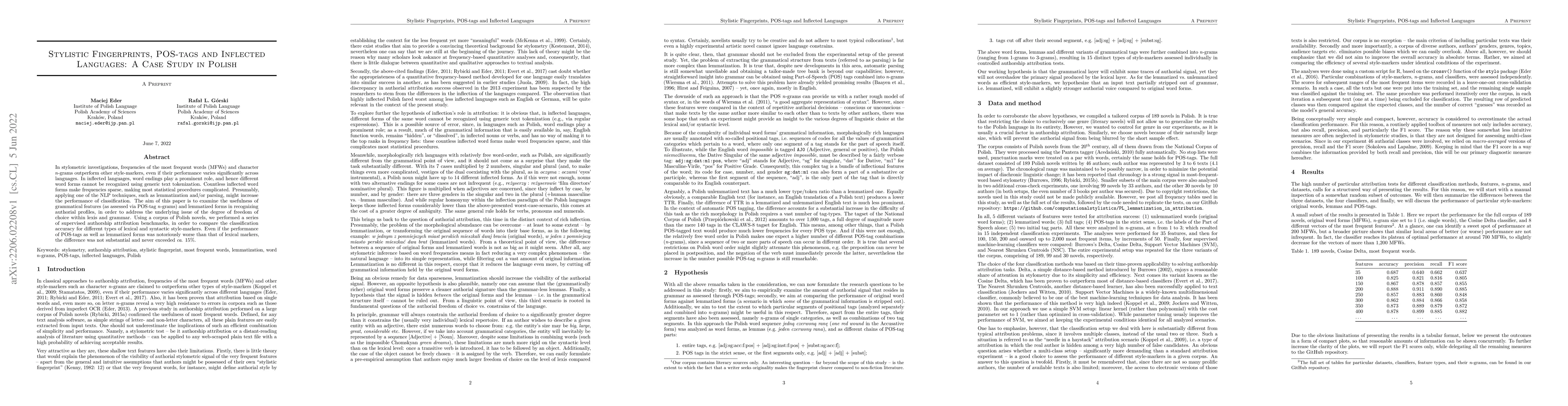 Thumbnail for Stylistic Fingerprints, POS-tags and Inflected Languages: A Case Study
  in Polish
