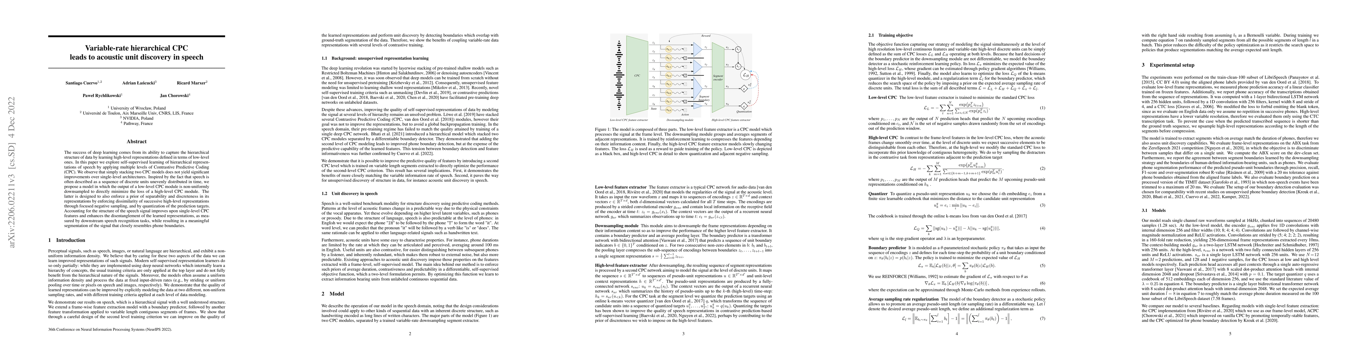Thumbnail for Variable-rate hierarchical CPC leads to acoustic unit discovery in
  speech