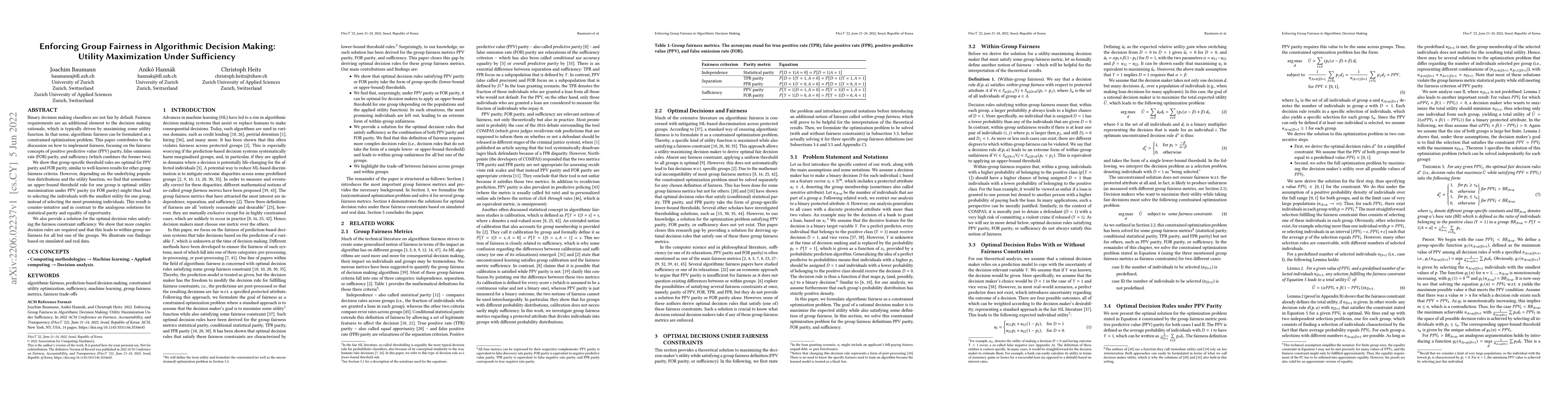 Thumbnail for Enforcing Group Fairness in Algorithmic Decision Making: Utility
  Maximization Under Sufficiency