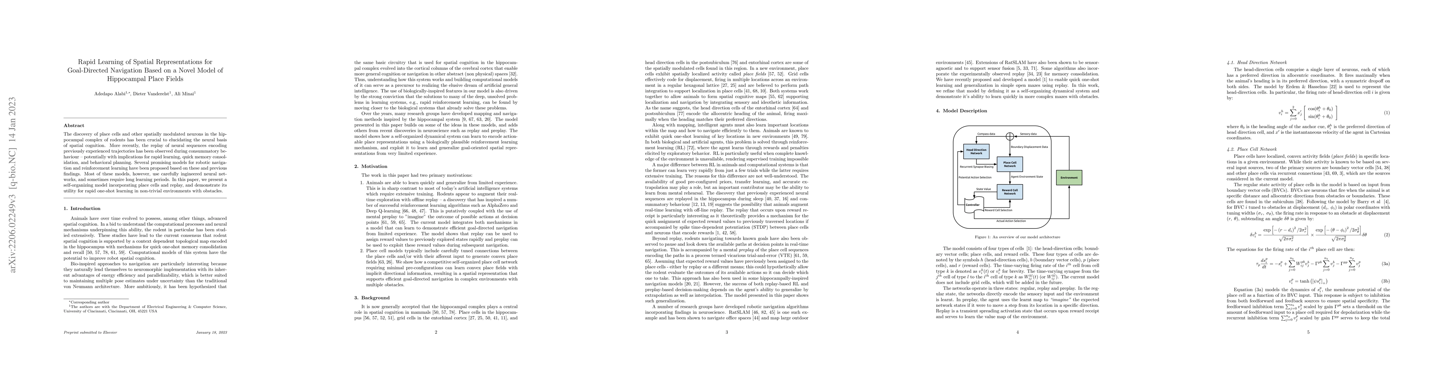 Thumbnail for Rapid Learning of Spatial Representations for Goal-Directed Navigation
  Based on a Novel Model of Hippocampal Place Fields