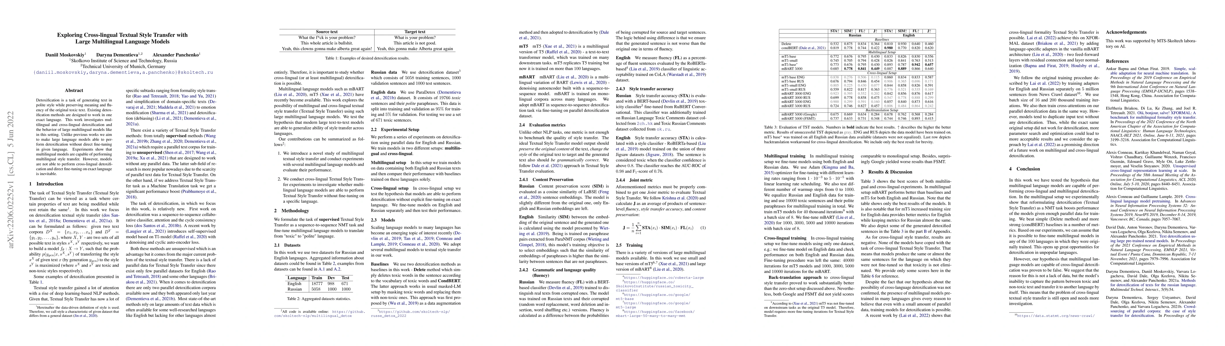 Thumbnail for Exploring Cross-lingual Textual Style Transfer with Large Multilingual
  Language Models