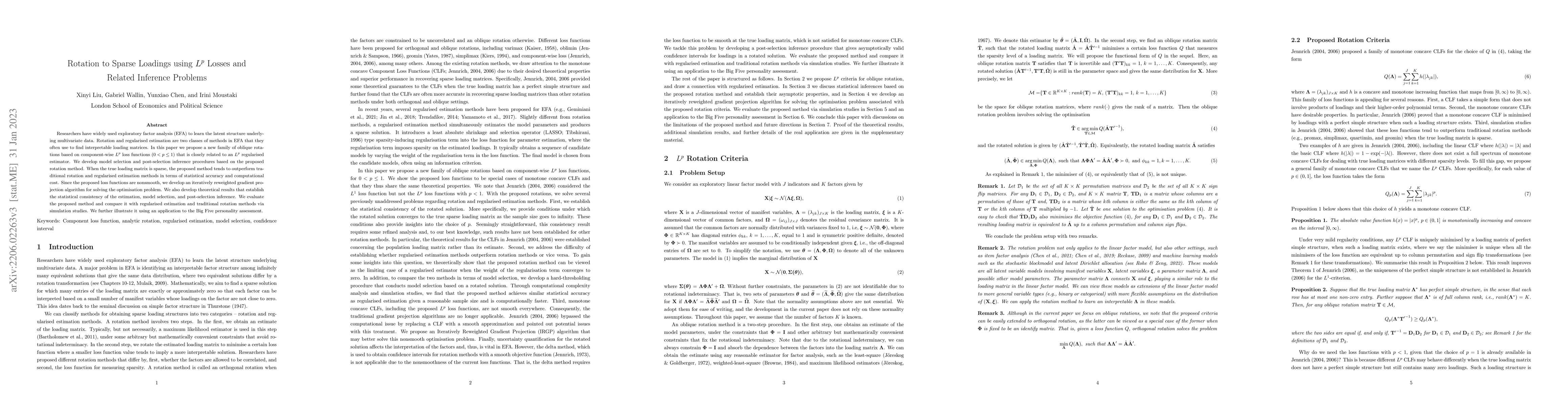 Thumbnail for Rotation to Sparse Loadings using $L^p$ Losses and Related Inference
  Problems