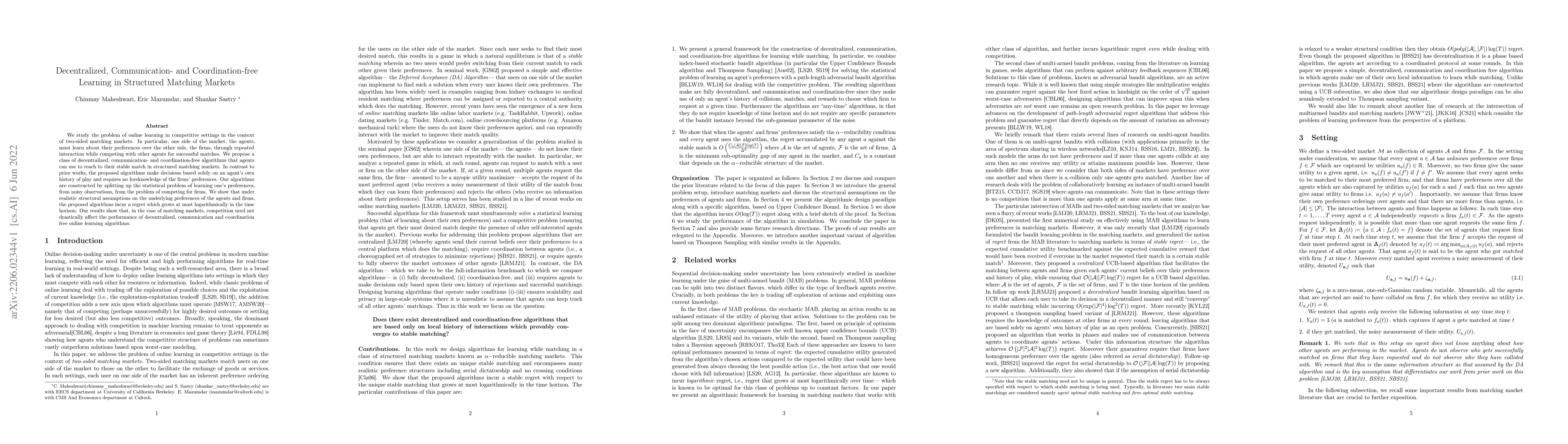 Thumbnail for Decentralized, Communication- and Coordination-free Learning in
  Structured Matching Markets
