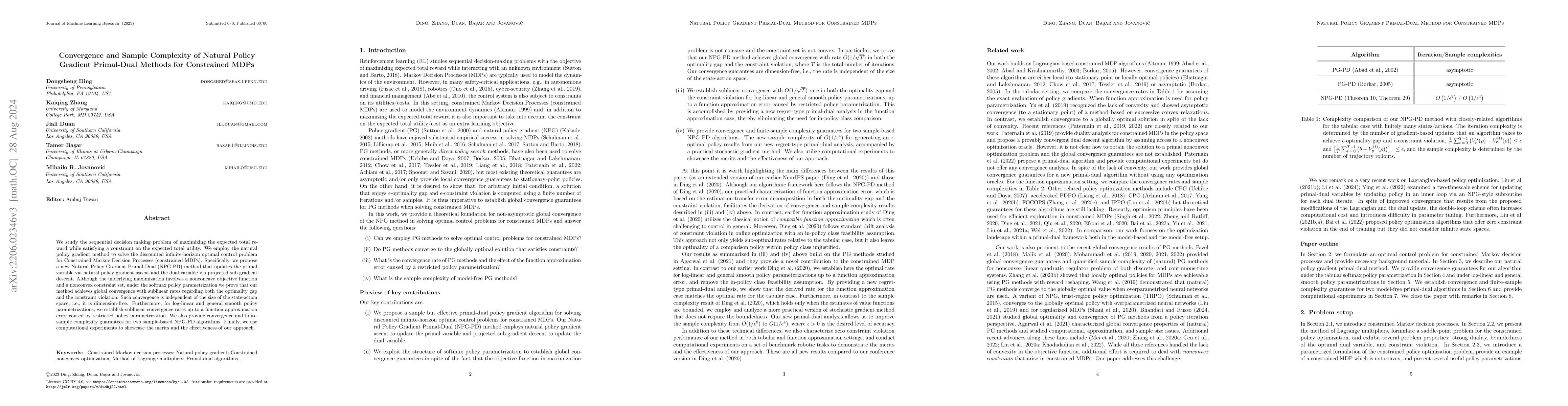 Thumbnail for Convergence and sample complexity of natural policy gradient primal-dual
  methods for constrained MDPs