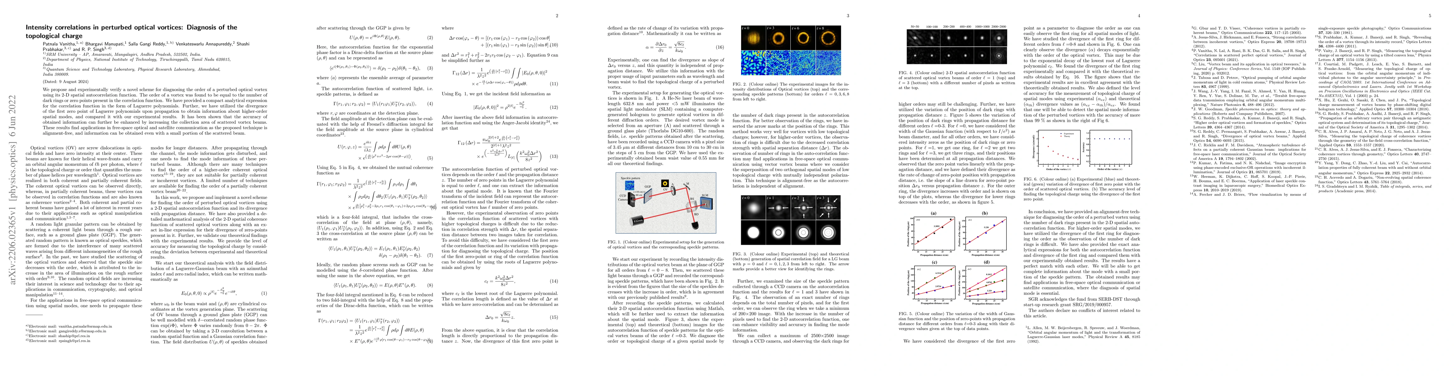 Thumbnail for Intensity correlations in perturbed optical vortices: Diagnosis of the
  topological charge