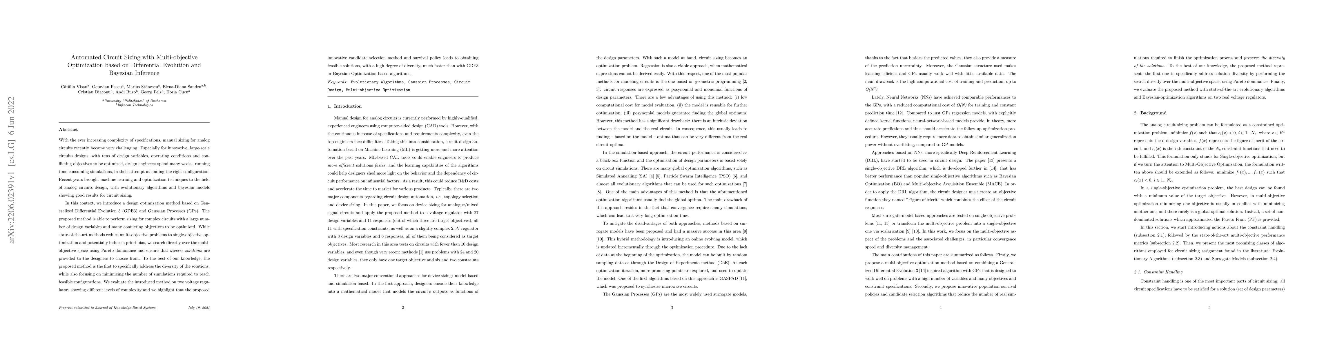 Thumbnail for Automated Circuit Sizing with Multi-objective Optimization based on
  Differential Evolution and Bayesian Inference