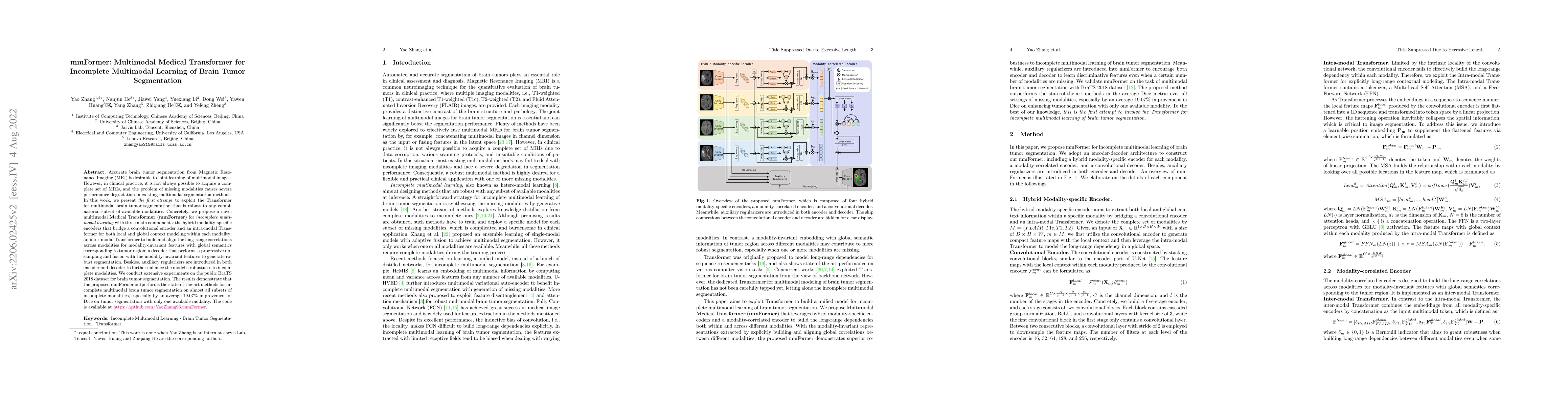 Thumbnail for mmFormer: Multimodal Medical Transformer for Incomplete Multimodal
  Learning of Brain Tumor Segmentation