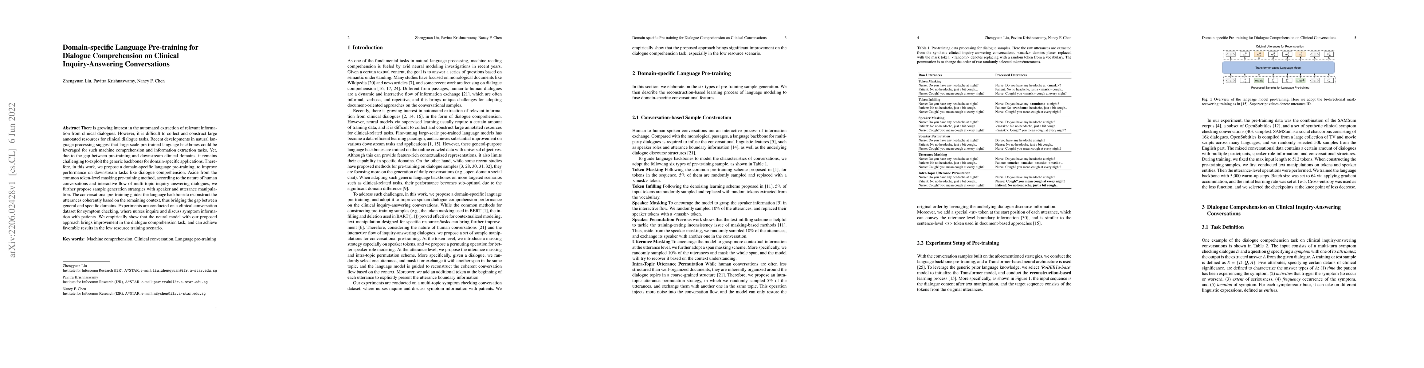 Thumbnail for Domain-specific Language Pre-training for Dialogue Comprehension on
  Clinical Inquiry-Answering Conversations