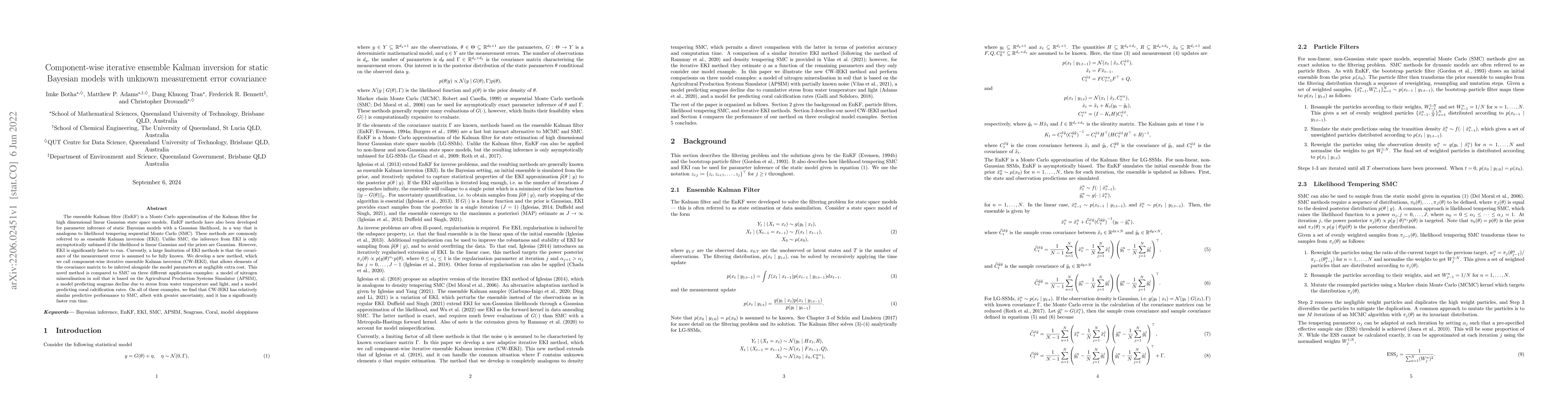 Thumbnail for Component-wise iterative ensemble Kalman inversion for static Bayesian
  models with unknown measurement error covariance