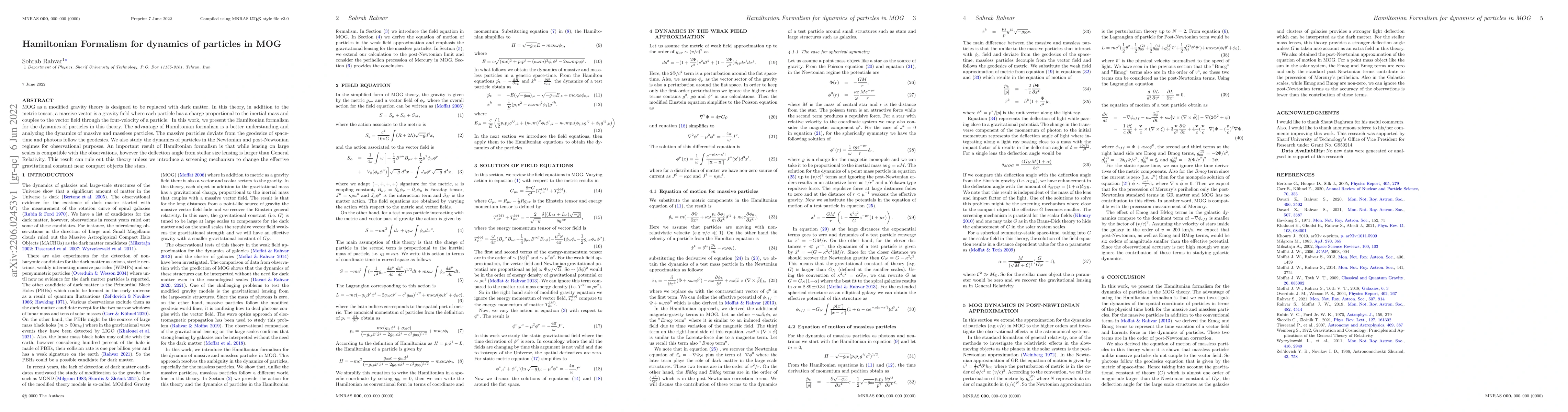 Thumbnail for Hamiltonian Formalism for dynamics of particles in MOG