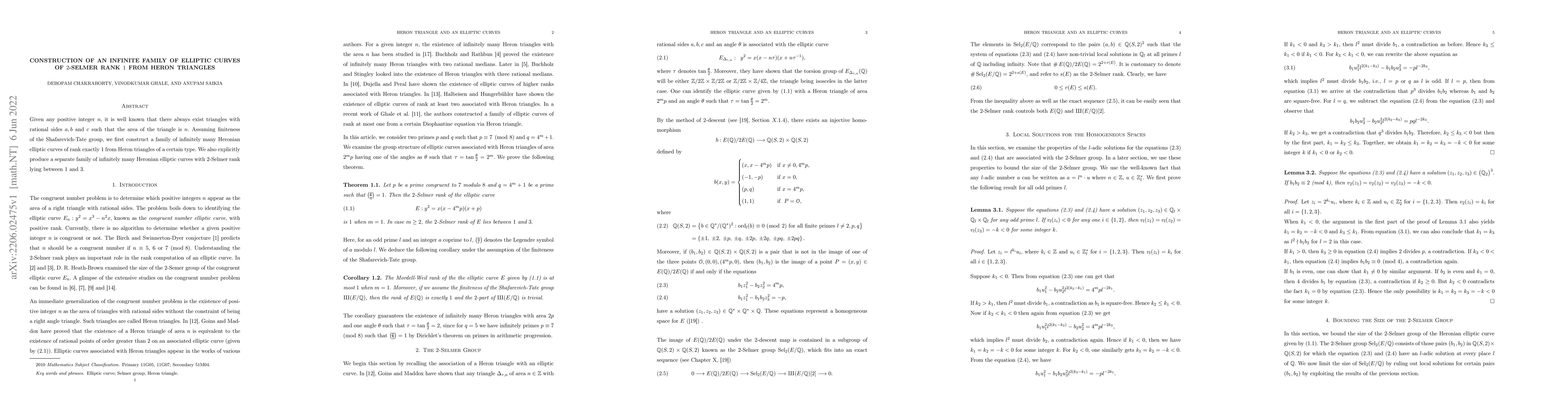 Thumbnail for Construction of an infinite family of elliptic curves of 2-selmer rank 1
  from heron triangles