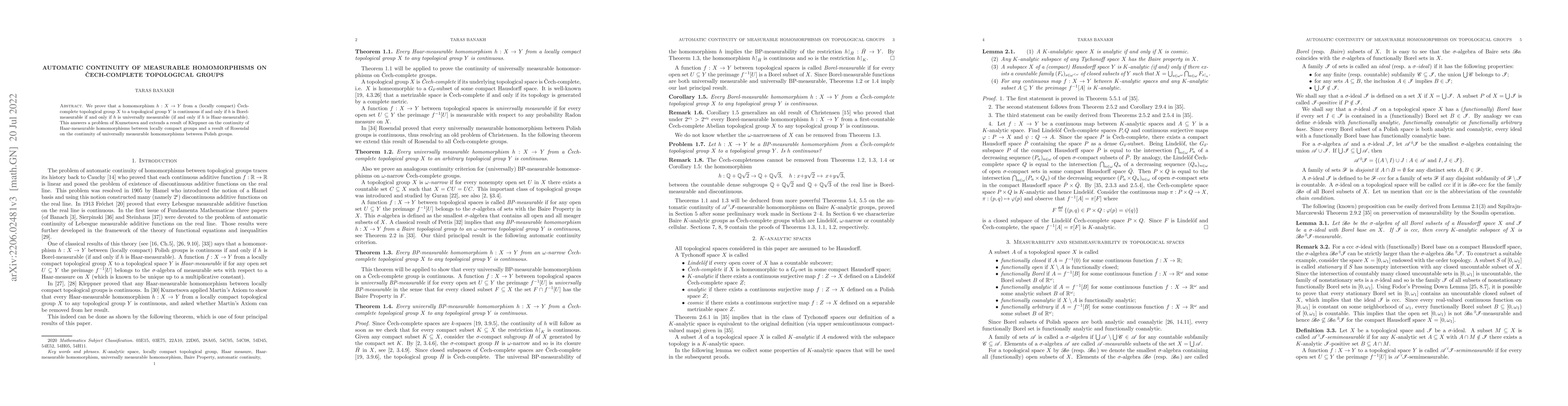 Thumbnail for Automatic continuity of measurable homomorphisms on Cech-complete
  topological groups