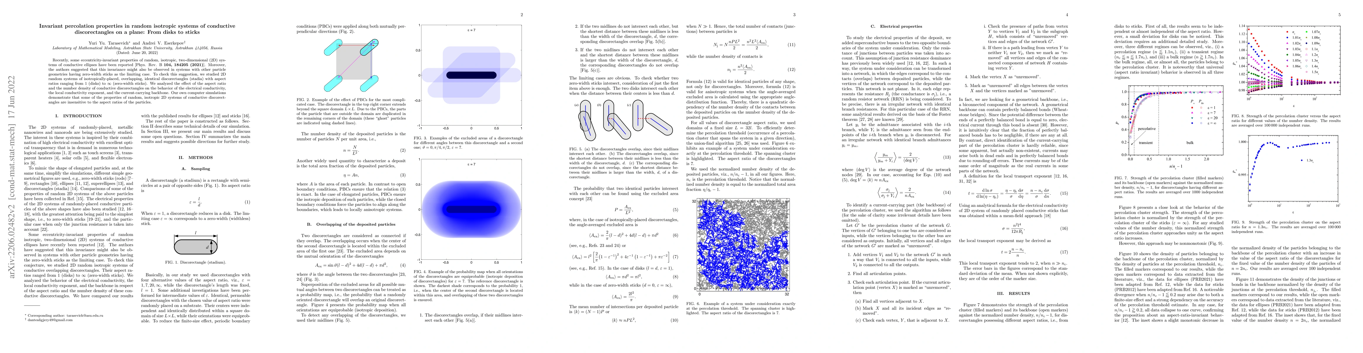 Thumbnail for Invariant percolation properties in random isotropic systems of
  conductive discorectangles on a plane: From disks to sticks