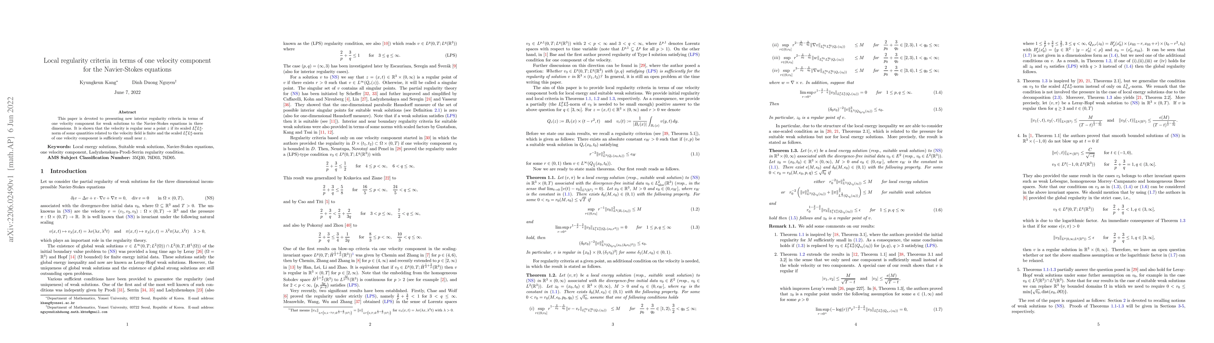 Thumbnail for Local regularity criteria in terms of one velocity component for the
  Navier-Stokes equations