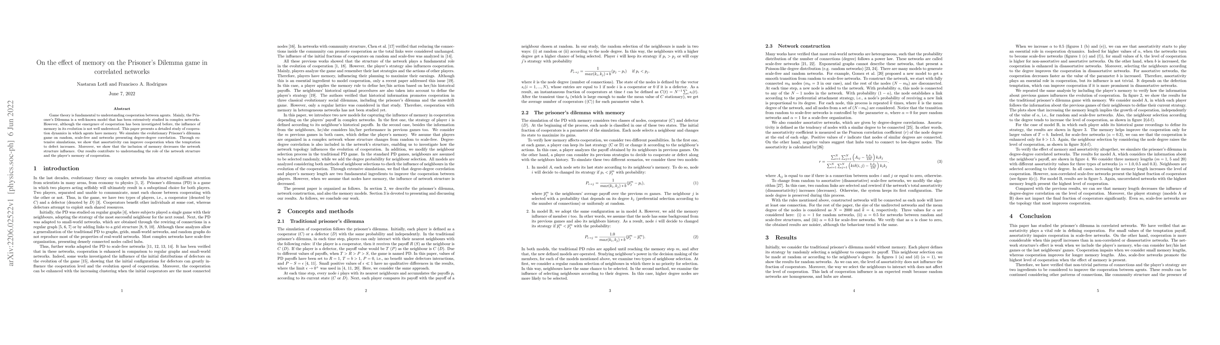 Thumbnail for On the effect of memory on the Prisoner's Dilemma game in correlated
  networks