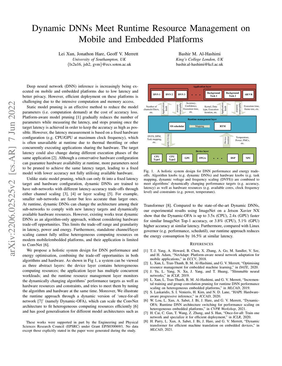 Thumbnail for Dynamic DNNs Meet Runtime Resource Management on Mobile and Embedded
  Platforms