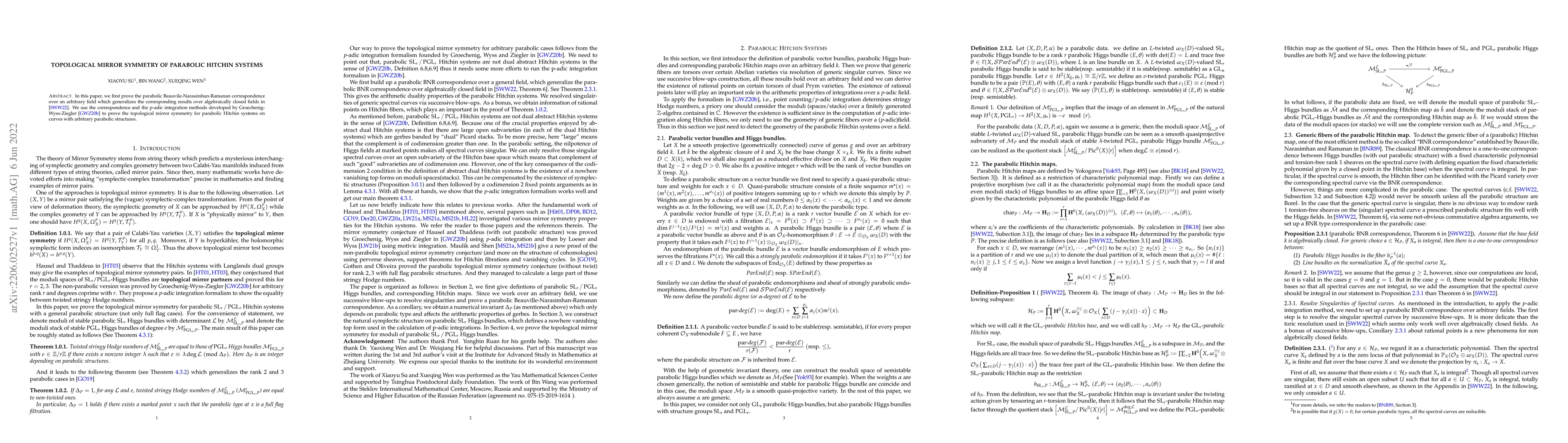 Thumbnail for Topological Mirror Symmetry of Parabolic Hitchin Systems