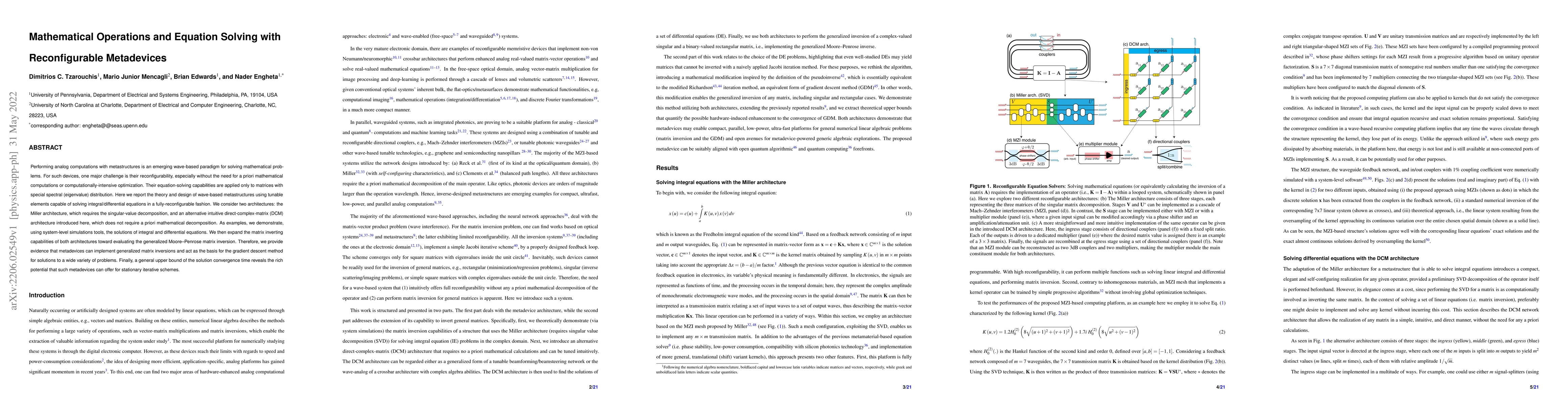 Thumbnail for Mathematical Operations and Equation Solving with Reconfigurable
  Metadevices