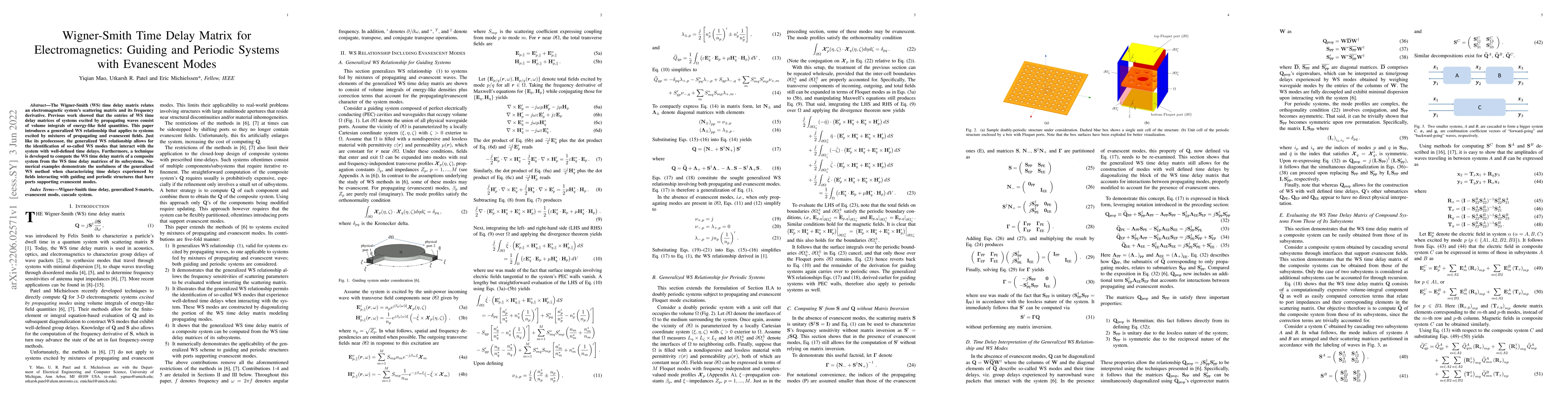 Thumbnail for Wigner-Smith Time Delay Matrix for Electromagnetics: Guiding and
  Periodic Systems with Evanescent Modes