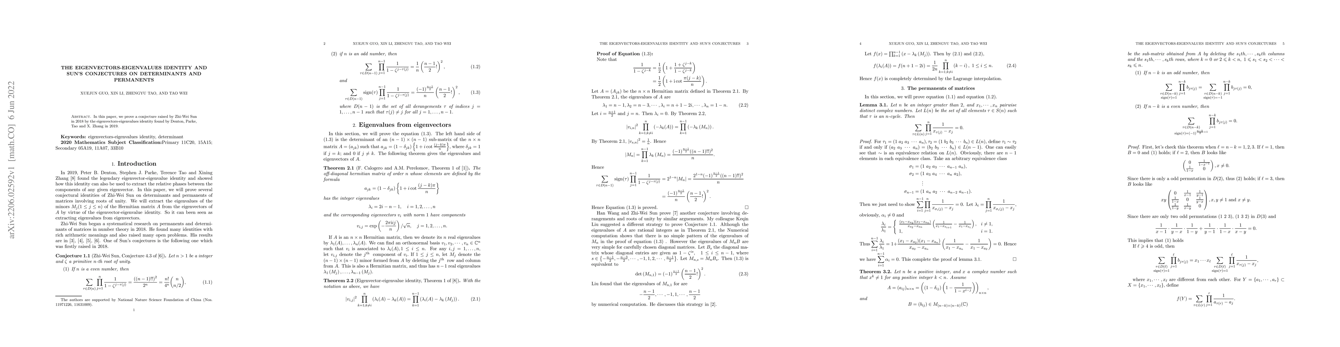 Thumbnail for The eigenvectors-eigenvalues identity and Sun's conjectures on
  determinants and permanents