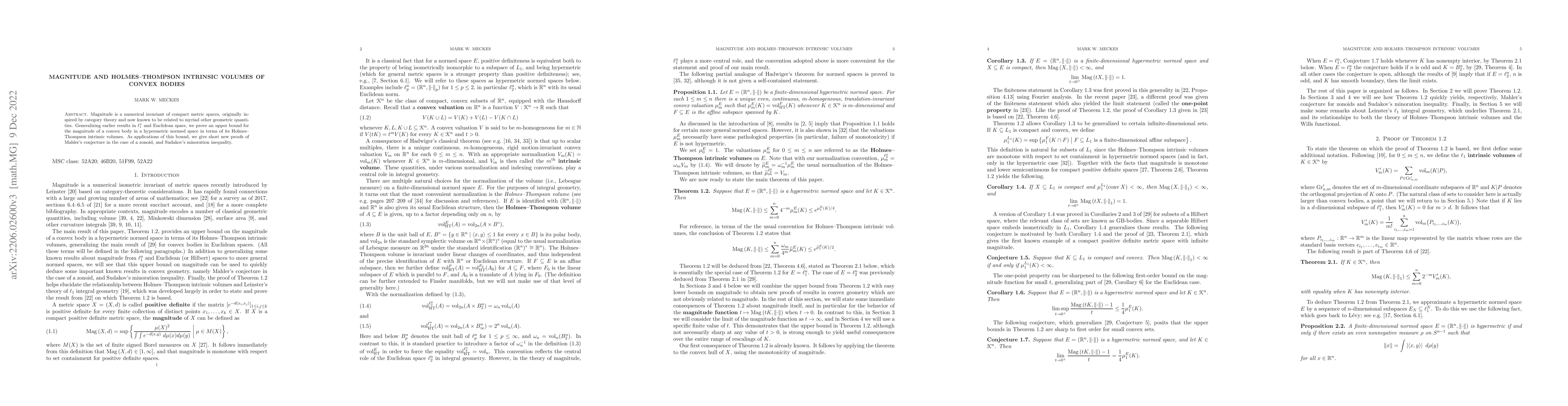 Thumbnail for Magnitude and Holmes-Thompson intrinsic volumes of convex bodies