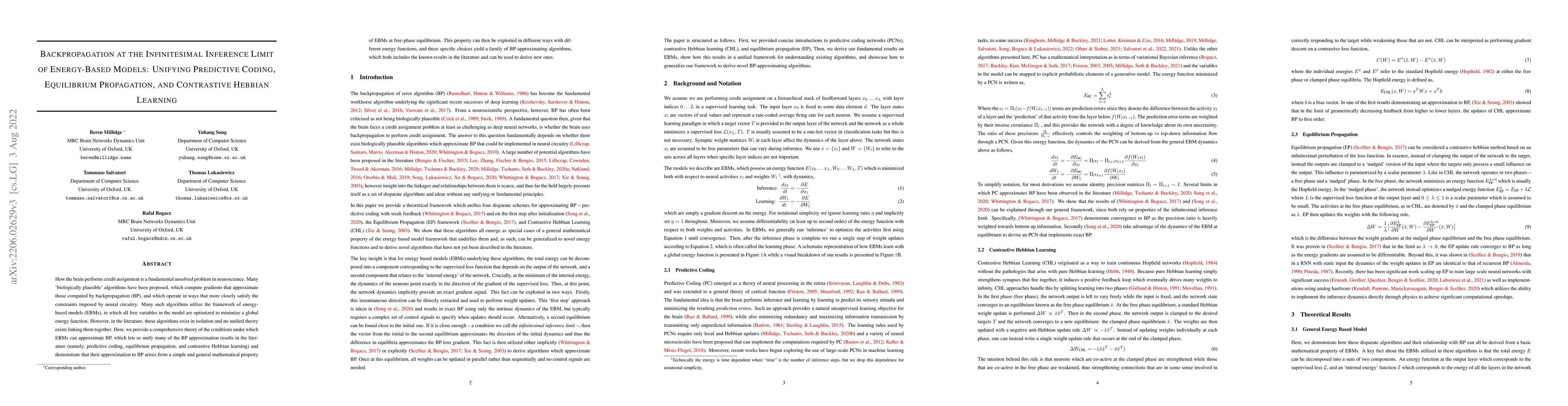 Thumbnail for Backpropagation at the Infinitesimal Inference Limit of Energy-Based
  Models: Unifying Predictive Coding, Equilibrium Propagation, and Contrastive
  Hebbian Learning