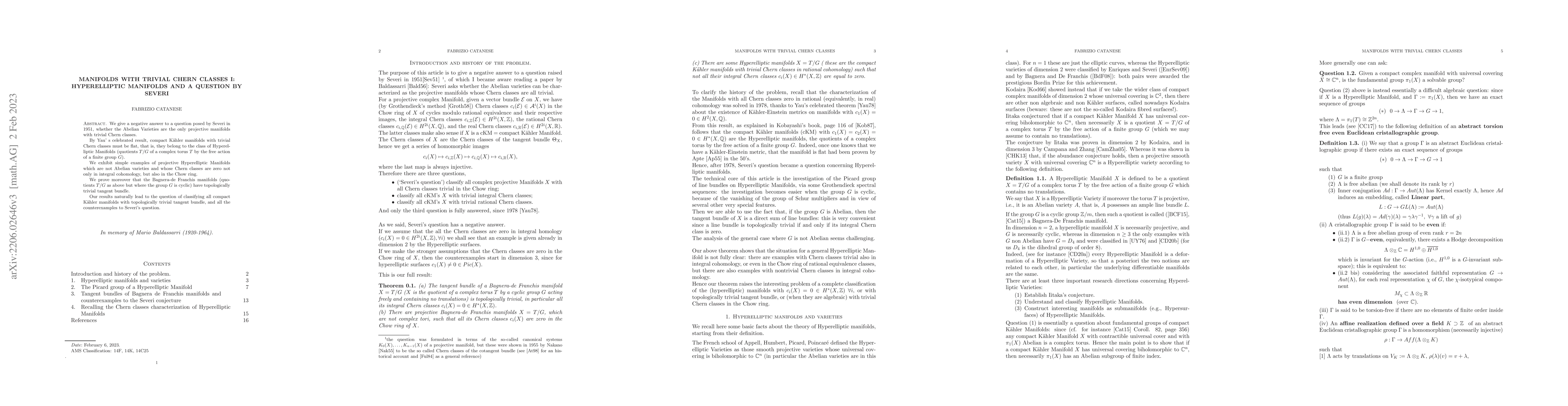 Thumbnail for Manifolds with trivial Chern classes I: Hyperelliptic Manifolds and a
  question by Severi