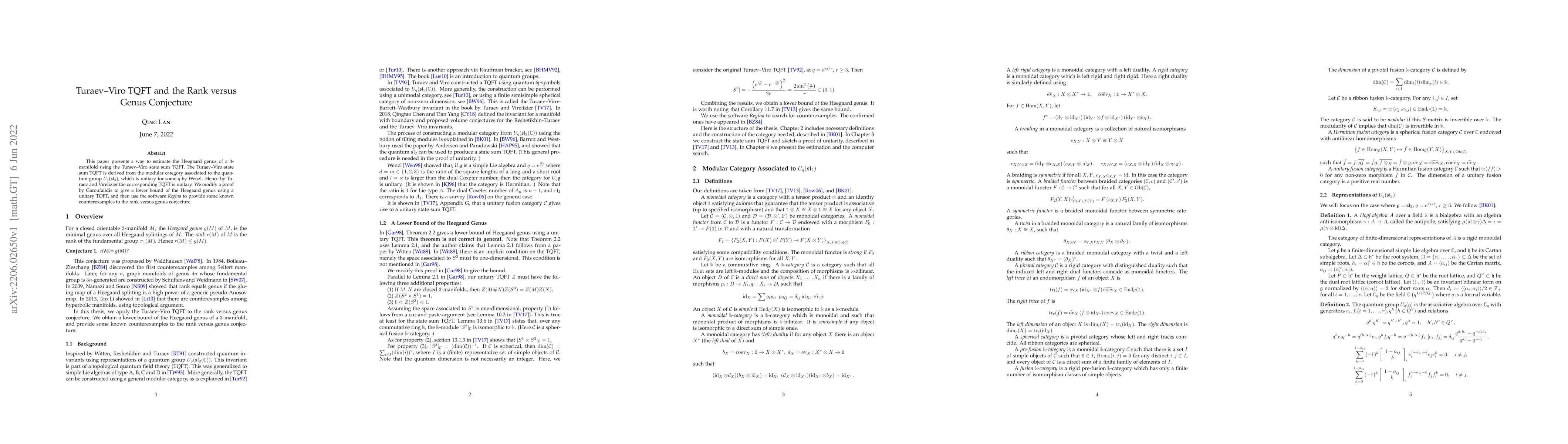 Thumbnail for Turaev-Viro TQFT and the Rank versus Genus Conjecture