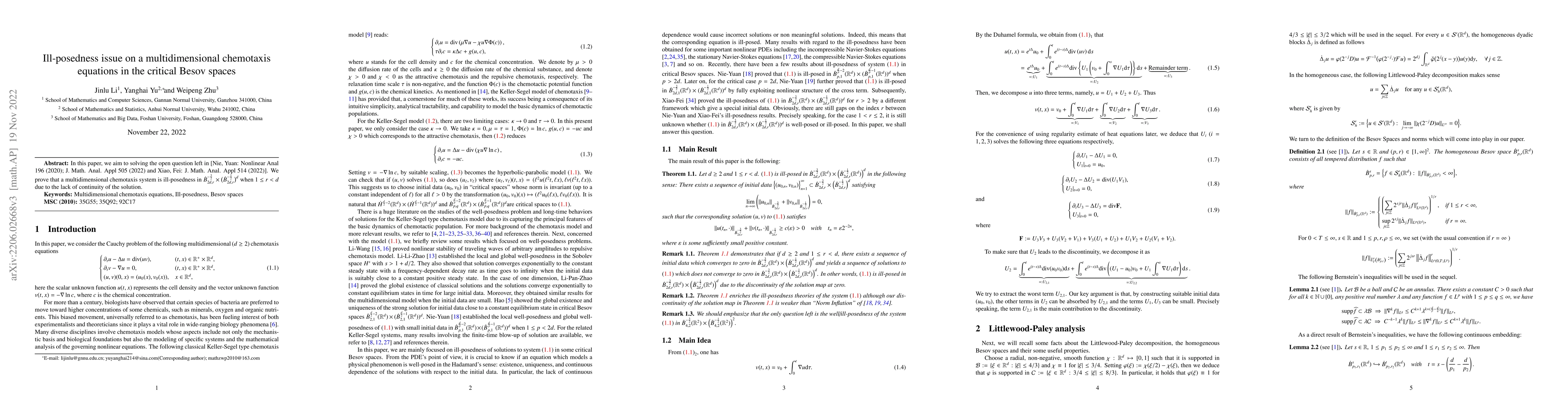 Thumbnail for Ill-posedness issue on a multidimensional chemotaxis equations in the
  critical Besov spaces