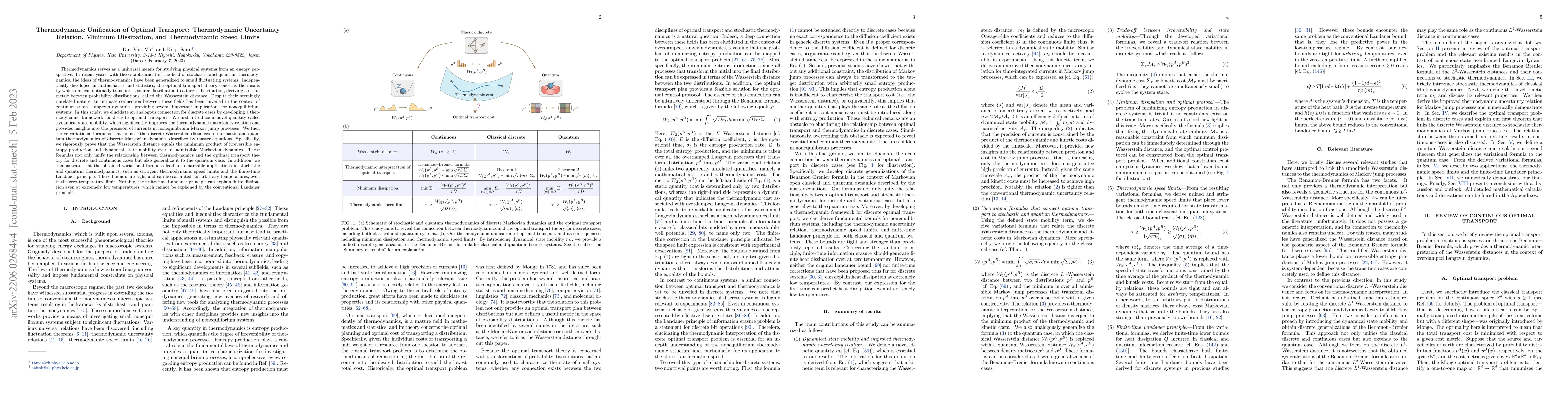 Thumbnail for Thermodynamic Unification of Optimal Transport: Thermodynamic
  Uncertainty Relation, Minimum Dissipation, and Thermodynamic Speed Limits