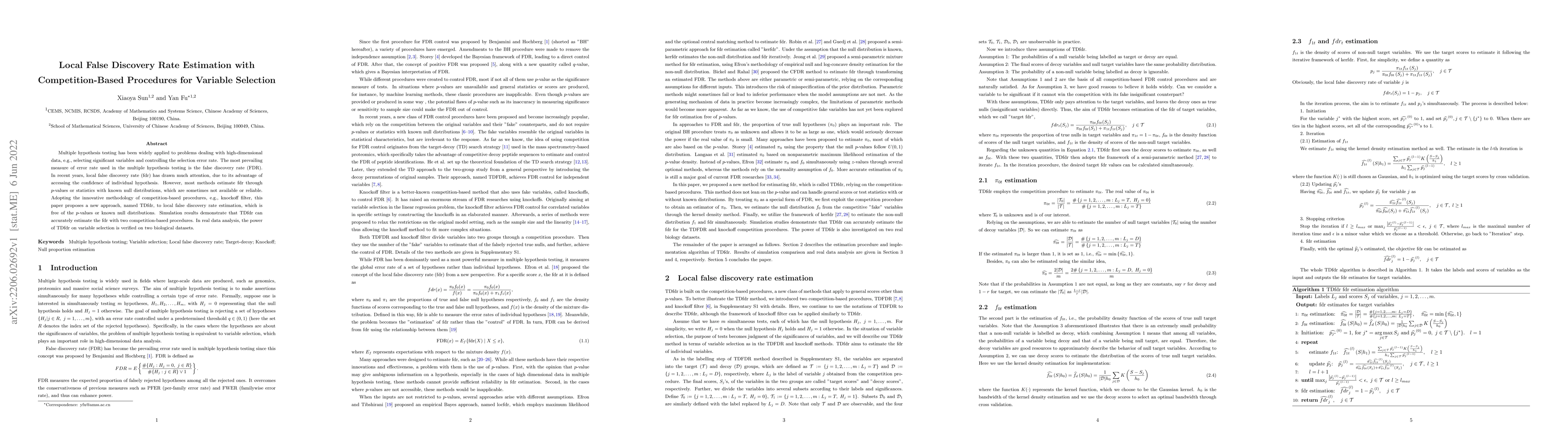 Thumbnail for Local False Discovery Rate Estimation with Competition-Based Procedures
  for Variable Selection